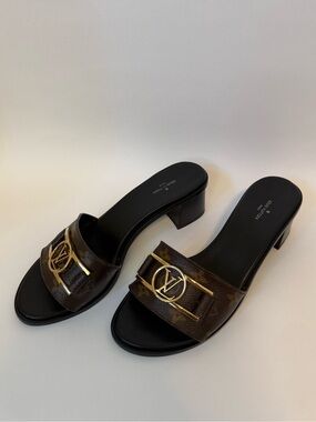 Louis Vuitton Lock It Mule Heels Monogram Canvas Gold LV Logo Slides Size EU 41